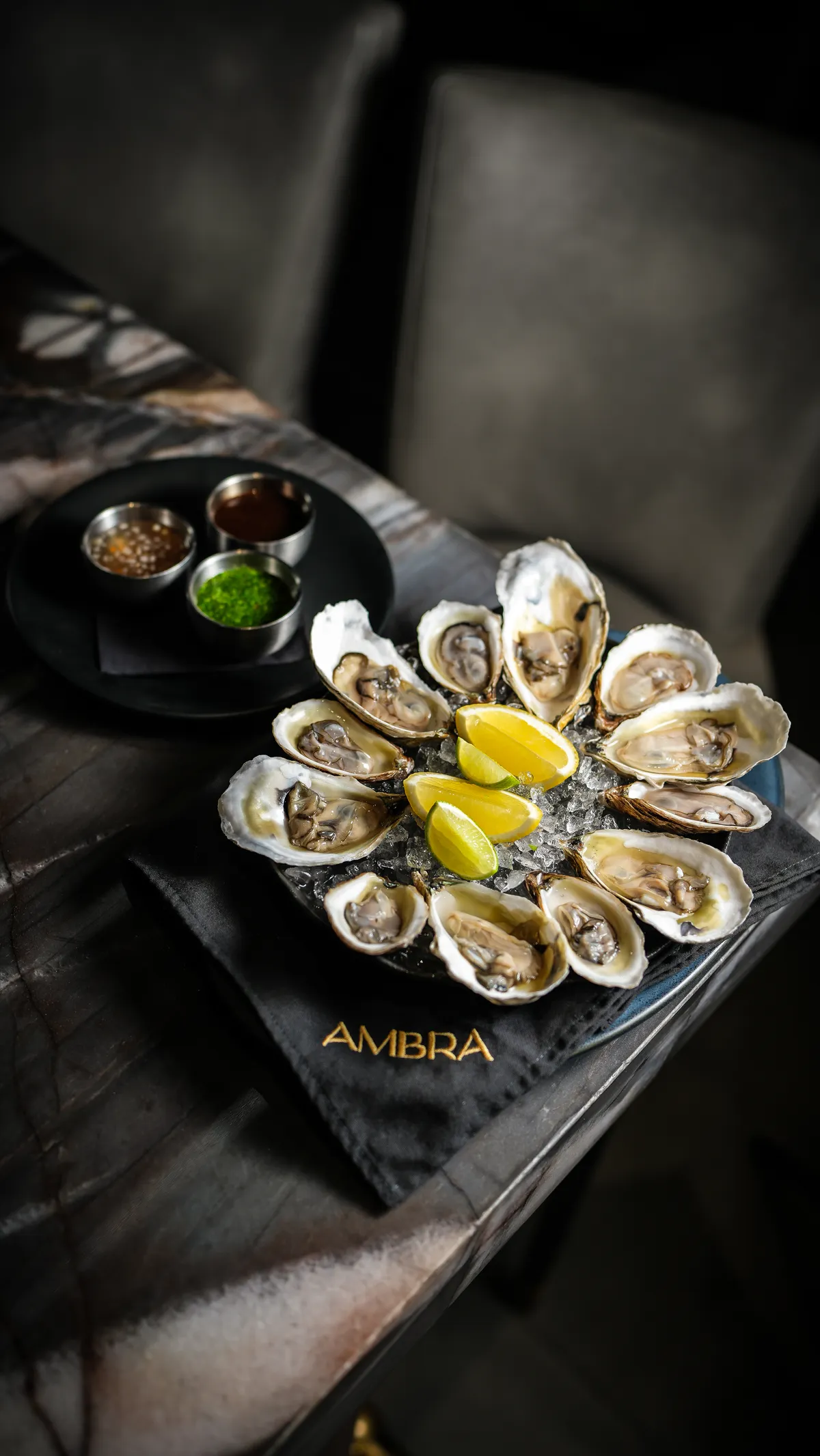 Oysters on the half shell over ice with mignonette