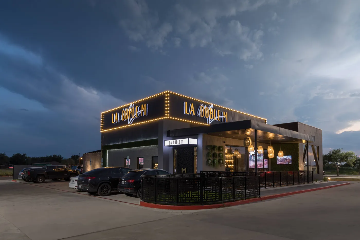 La Doble M exterior at dusk with its marquee lights on, Expressway 83, McAllen