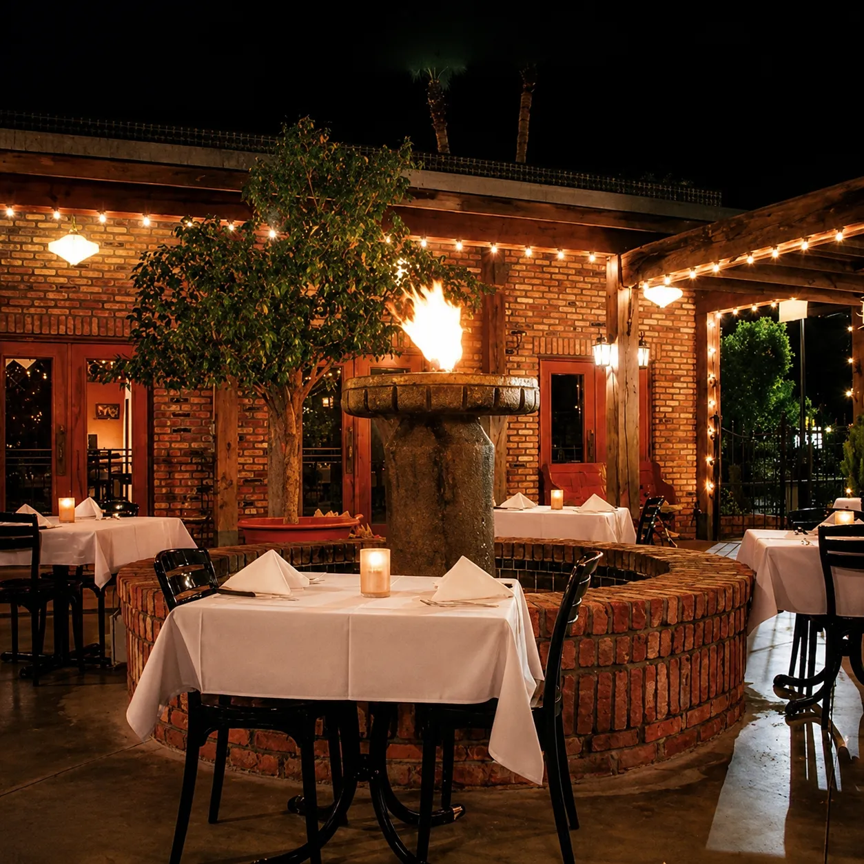 The Republic of the Rio Grande's covered brick patio under string lights, South 10th Street, McAllen
