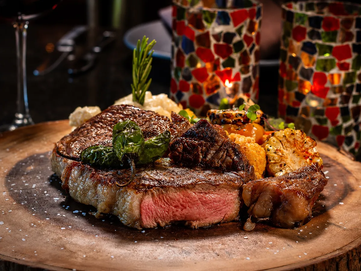 Fire-grilled ribeye with shishito peppers and mashed potatoes