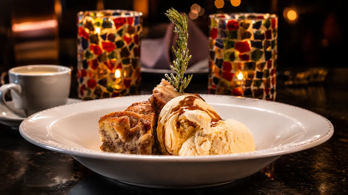 Warm bread pudding with vanilla ice cream